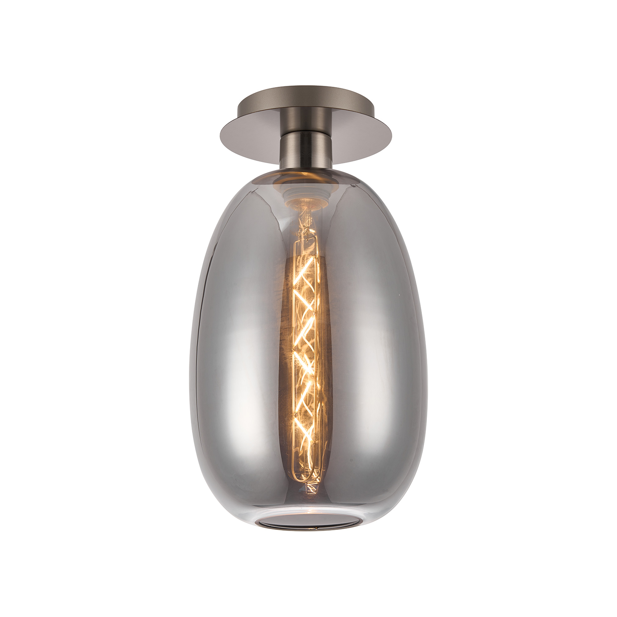 DK1416  Lori 15cm Round Ceiling Flush, 1 Light Flush Fitting E27, Satin Nickel/Smoke Slim Curved Trapezium Shades